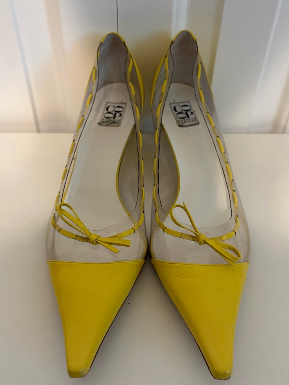 Vintage BARNEYS NEW YORK CO-OP, Yellow Leather and Clear PVC Pointy Kitten Heels